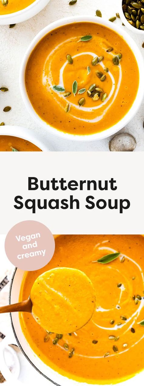 This butternut squash soup is super creamy and easy to make! It combines butternut squash with coconut milk, carrots, fresh ginger and sage for a delicious and comforting fall meal. Keto Butternut Squash Soup, Freeze Leftovers, Healthy Butternut Squash, Easy Butternut Squash, Cut Butternut Squash, Squash Vegetable, Butternut Squash Recipes Soup, Winter Soup, Squash Soup Recipe