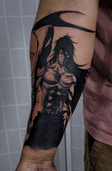 Ichigo Tattoo Design, Anime Shoulder Tattoo, Bleach Manga Tattoo, Ichigo Kurosaki Tattoo, Ichigo Tattoo Ideas, Bankai Tattoo, Gara Tattoos, Ichigo Tattoo, Bleach Anime Tattoo