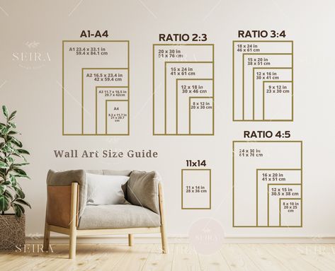 Wall Art Size Guide, Frame Size Guide, Print Size Guide, Comparison Chart, Poster Size Chart, Wall Display Guide, Boho Wall Art Size Guide Wall Art Size Guide, Art Size Guide, Minimalist Dekor, Architecture Unique, Japandi Wall Art, Wall Art Size, Aesthetic Kitchen, Mimosa Bar, Poster Retro