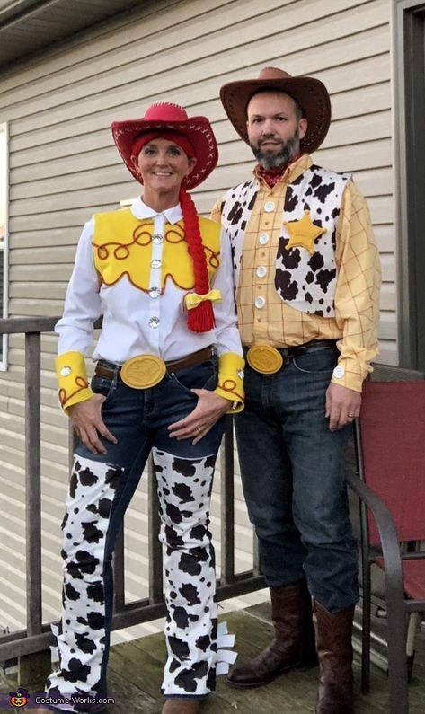 Woody and Jessie - 2018 Halloween Costume Contest Jesse And Woody Costume Couple Diy, Toy Story Jessie Costume Diy, Diy Jesse Costume Toy Story Adult, Jesse Toy Story Costume Diy, Diy Woody Costume Men, Woody And Jessie Costumes Diy, Woody And Jesse Costume Couple, Jessie Costume Diy, Jessie Costume Toy Story Women