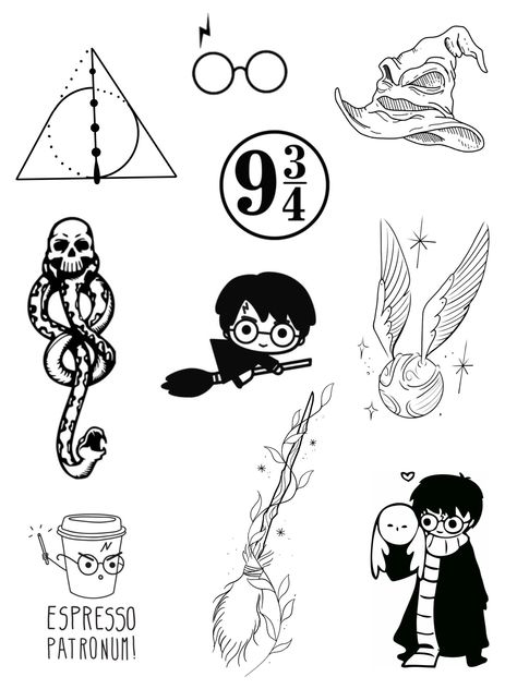 Harry Potter Tattoos Flash, Harry Potter Small Drawings, Harry Potter Small Tattoo Ideas, Harry Potter Design Ideas, Harry Potter Simple Drawings, Harry Potter Outline, Simple Harry Potter Tattoo, Tatuajes Harry Potter, Dibujos Harry Potter