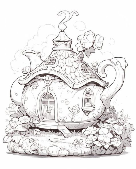 Deviant Art Coloring Pages, Teapot House Illustration, Teapot House Drawing, Fantasy Coloring Pages For Adults Unique, Adult Colouring Printables Free, Colouring Pages For Adults Printable Free, Vegetable Side Dishes For Bbq, Fantasy Teapot, Coloring Book Art Free Printable