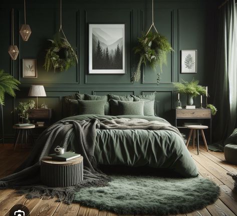 Dark Olive Bedroom Ideas, Mossy Green Bedroom, Dark Green And Beige Bedroom, Realistic Bedroom Ideas, Calm Bedroom Aesthetic, Green And Brown Bedroom, Forest Green Bedroom, Desk Remodel, Hobbit Room