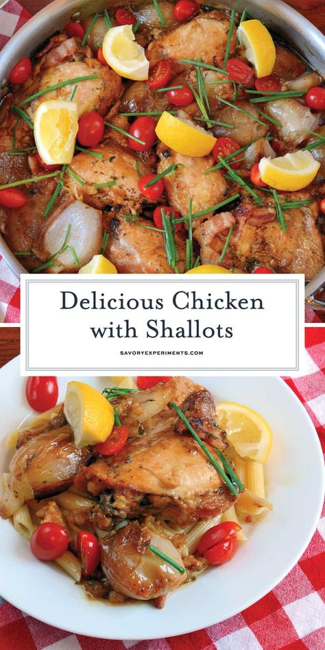 The New York Times' Chicken with Shallots recipe pairs chicken thighs with caramelized shallots in a rich, delicious sauce. It is 100% crowd pleaser! #nytchickenwithshallots #chickenwithshallots #easychickenrecipe www.savoryexperiments.com Chicken With Shallots, Cucumber Relish Recipes, Shallots Recipe, Shallot Recipes, Dijon Sauce, Spicy Grilled Chicken, Easy Chicken Recipe, Braised Chicken Thighs, Caramelized Shallots