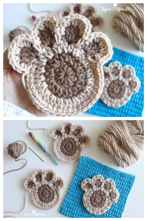 Paw Print Applique Free Crochet Pattern Crochet Puppy Applique Free Pattern, Crochet Paw Print Pattern Free, Crochet Cat Applique, Paw Crochet, Crochet Applique Patterns Free, Cat Applique, Paw Pattern, Crochet Coaster Pattern, Mode Crochet