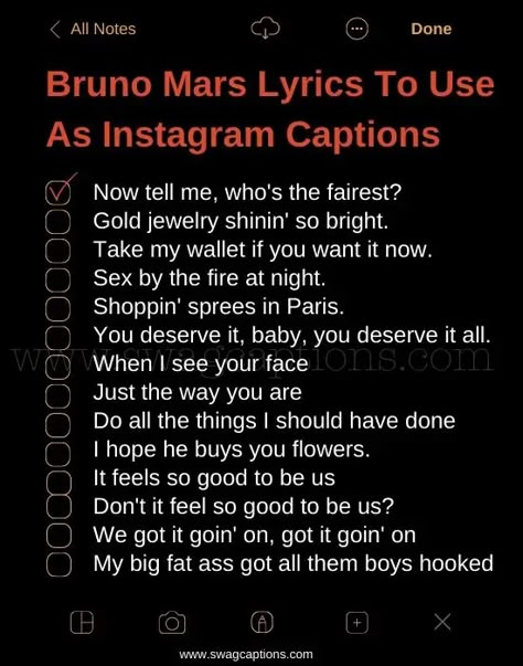 Bruno Mars Lyrics To Use As Your Next Instagram Caption Bruno Mars Instagram Captions, Bruno Mars Lyrics Quotes, Bruno Mars Concert Outfit Ideas, Bruno Mars Songs Lyrics, Drake Instagram Captions, The Maine Lyrics, Drake Lyrics Captions, Tat Quotes, Song Lyrics Drake