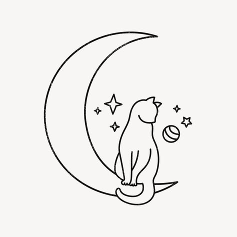 Mystical Cat Drawing, Moon And Stars Doodle, Moon Doodles, Cats Line Art, Halloween Line Art, Cat Elements, Cat Coloring Pages, Star Doodle, Cat Collage