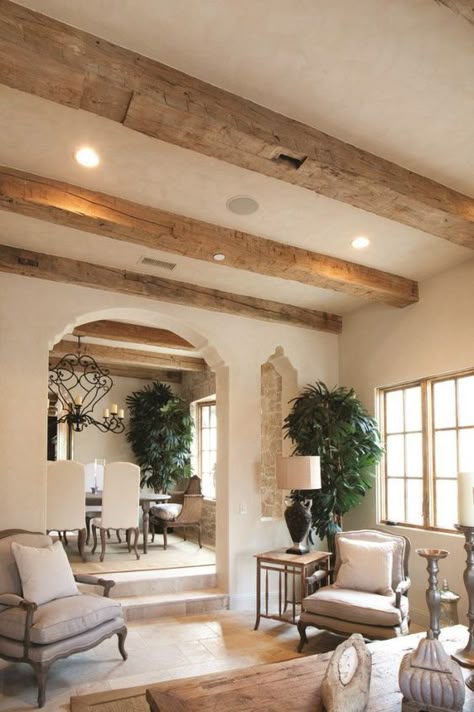 Beams Living Room, Smart Tiles, Spanish Style Homes, Mediterranean Decor, Mediterranean Homes, Wood Beams, Barnwood, Farmhouse Living, Spanish Style