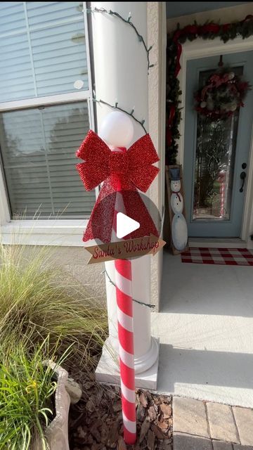 Diy Christmas Pole, Diy Pool Noodle Candy Cane, Candy Cane Pool Noodle Diy Christmas, Pool Noodle Christmas Ornaments, Christmas Decorations Using Pool Noodles, Candy Cane Christmas Outdoor Decorations, Dollar Tree Pool Noodle Christmas Crafts, Pool Noodle Candy Cane, Diy Candy Cane Decorations