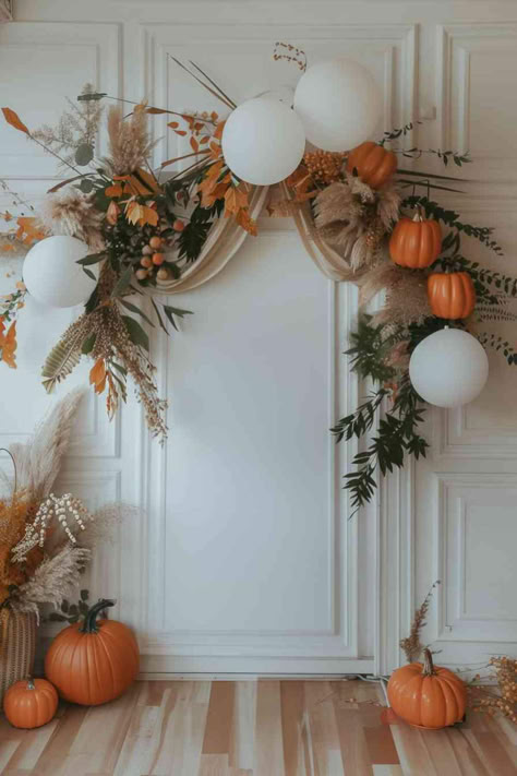 40 Cute Fall Baby Shower Ideas for a Simple Celebration Fall Flower Arch Decor, Entrance Fall Decor Ideas, Easy Thanksgiving Photo Backdrop, Fall Pallet Backdrop, Simple Fall Baby Shower Decorations, Fall Themed Baby Shower Backdrop, Fall School Dance Decorations, Pumpkin Baby Boy Shower Theme, Thanksgiving Bridal Shower Ideas