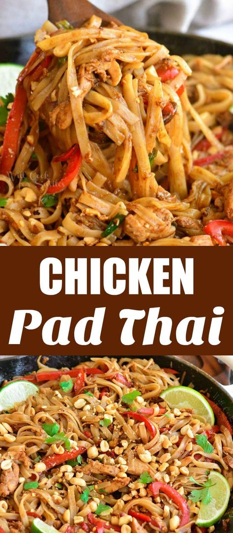 Pad Thai is a delicious rice noodle dish you can make at home is about 30 minutes. It's made with chicken or shrimp, rice noodles, vegetables, eggs, peanut, cilantro, and irresistible Pad Thai sauce. #chicken #pasta #ricenoodles #padthai #thai Shrimp Rice Noodles, Noodles Vegetables, Shrimp Rice, Pad Thai Sauce, Chicken Pad Thai, Pad Thai Noodles, Thai Sauce, Pad Thai Recipe, Delicious Rice