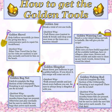 Daily Animal Crossing Cuteness on Instagram: “Do you have all the golden tools already?⠀ ⠀ Here is a guide on how to get them the fastest!⠀ ⠀ Golden Shovel: You need to help Gulliver…” Acnh Golden Tools, Acnh Nook Miles List, Acnh Gulliver Items, 4 Star Island Animal Crossing, Animal Crossing Gulliver, Animal Crossing Balloon Guide, Animal Crossing How To, Acnh Guidebook, Animal Crossing Beginner