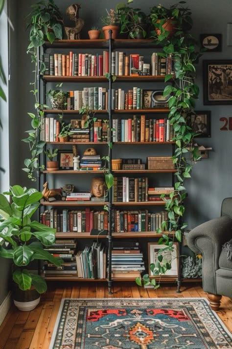 Apartment Bookcase Ideas, Plants On Top Of Bookcase, Wall Library Ideas, Bedroom Book Wall, Corner Wall Bookshelves, Book Shelf With Plants, Bookshelves With Plants, Bookshelf Wall Living Room, Shelves In Corner