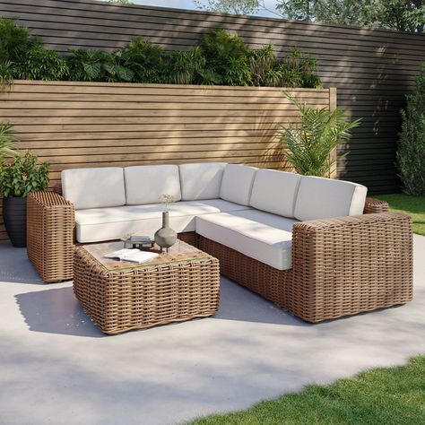 5 Seater Thick Light Rattan Corner Sofa Set with Griege Cushions - Como Outdoor Rattan Furniture Sets, Garden Relaxing Area Outdoor Seating, Garden Patio Furniture Ideas, Garden Sofa Ideas, Sala Set Design, Outside Furniture Patio, Outside Sofa, Rattan Furniture Outdoor, Minimalist Outdoor Furniture