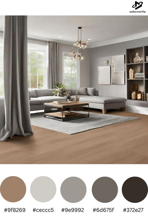 1)Grey Sofa, Light Grey Walls: Serene backdrop for a calm atmosphere. 2)Brown Furniture Accents: Warmth and balance in the room. 3)Wall Storage: Functional yet stylish for a clutter-free space. 4)Texture Mix: grey rug, wooden accents for depth. 5)Soft Lighting: Floor lamps for a cozy ambiance. 6)Personalized Decor: Plants, books add character without clutter. 7)Maintenance: Regularly organize for a minimalist look. 8)Tranquil Retreat: Grey, brown, light grey palette for harmony. Grey Wall With Brown Furniture, Beige Floor Grey Walls, Grey Sofa Oak Floor Living Room, Grey Sofa Wood Furniture, Brown Gray White Living Room, Grey Flooring Room Ideas, Gray Walls Brown Floors Living Room, Mix Grey And Beige, Soft Grey Walls