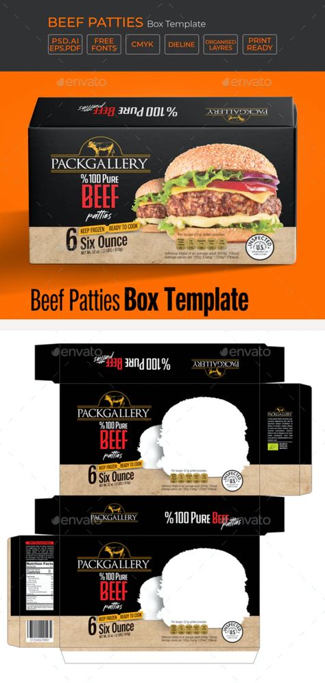 Beef Patties Box Template.  Advertising, beef patties, Beef Patties Box, Beef Patties Box Template, box, box template, burger, design, hamburger, packaging, packaging template, template design, branding, Package, Packaging Design #packaging #printtemplates #graphicdesign #packagingdesigns #templates #packagingtemplate #packing #productlabel Beef Packaging Design, Burger Box Design, Hamburger Packaging, Hamburger Images, Burger Packaging, Template Box, Burger Design, Burger Box, Beef Patties