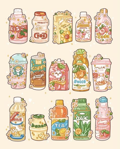 Asian Drinks, Doodles Digital, Tiny Bottles, Digital Bullet Journal, Small Planner, Food Doodles, Adorable Stickers, Journaling Stickers, 귀여운 음식 그림