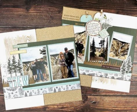 Ctmh Scrapbooking Layouts Travel, Camping Scrapbook Pages, Scrapbook Travel Layouts, Ctmh Change Of Scenery Layouts, Erin Jacobson Scrapbooking, Yellowstone Scrapbook Layouts, Travel Scrapbook Pages Ideas, Mountain Scrapbook Layouts, Outdoor Scrapbook Layouts