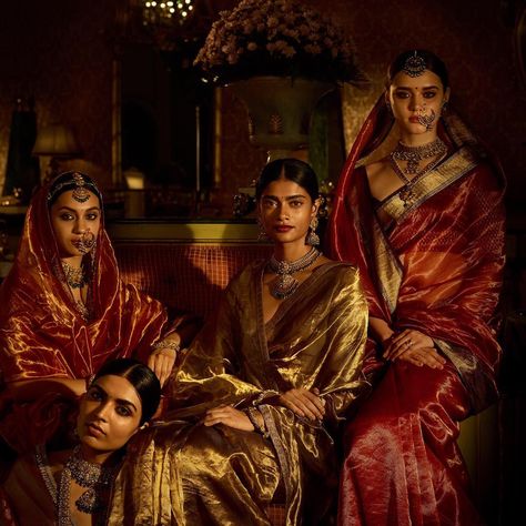 Sabyasachi Mukherjee on Instagram: “Tissue sarees paired with traditional style temple jewellery crafted in 22 karat gold and embedded with uncut diamonds, emeralds and rubies…” Sabyasachi Collection, Tissue Sarees, Sabyasachi Bridal, Sabyasachi Mukherjee, Sabyasachi Jewelry, Sabyasachi Sarees, Sabyasachi Bride, Fashion Designer Studio, Sabyasachi Jewellery