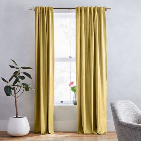 Cotton Luster Velvet Curtain - Regal Blue | west elm Mid Century Curtains, Art Deco Curtains, Metal Curtain Rod, Dark Curtains, Striped Curtains, Metal Curtain, Neutral Color Scheme, Window Insulation, Living Room Windows