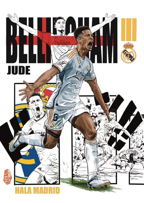 Real Madrid Poster, Jude Bellingham Real Madrid, Bellingham Real Madrid, Cristiano Ronaldo Young, God Of Football, Soccer Drawing, Football Drawing, Premier League Teams, Classic Films Posters