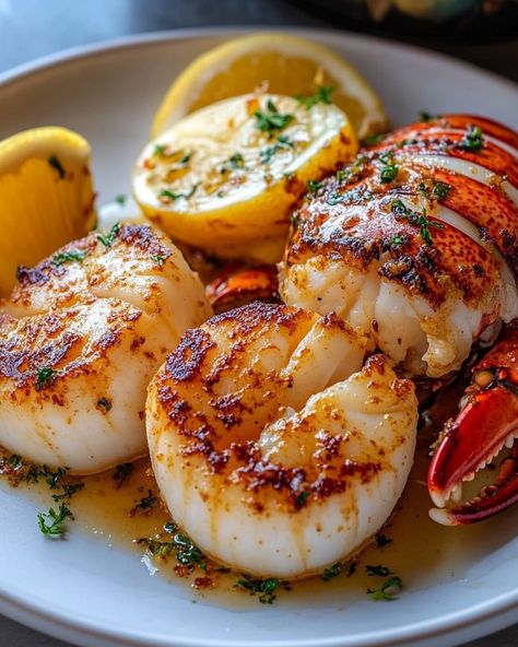 "🦞 Garlic Butter Lobster and Scallops 🧄🦪 Savor the Sea's Bounty with Every Bite! Perfect for a special evening, this dish brings the ocean's freshness right to your dining table, combining the rich, buttery flavors of lobster and scallops with a hint of garlic. 🍽️ Ingredients 🍽️ - For the Scallops: - 1/2 lb sea scallops, patted dry - 1 tbsp olive oil - 2 tbsp unsalted butter - 2 cloves garlic, minced - Salt and pepper to taste - Fresh parsley for garnish - For the Lobster: - 2 lobst... Garlic Butter Lobster, Butter Lobster, Luxury Catering, Summer Traditions, Sea Scallops, Food Rules, The Lobster, Nutritious Diet, Lobster Tails