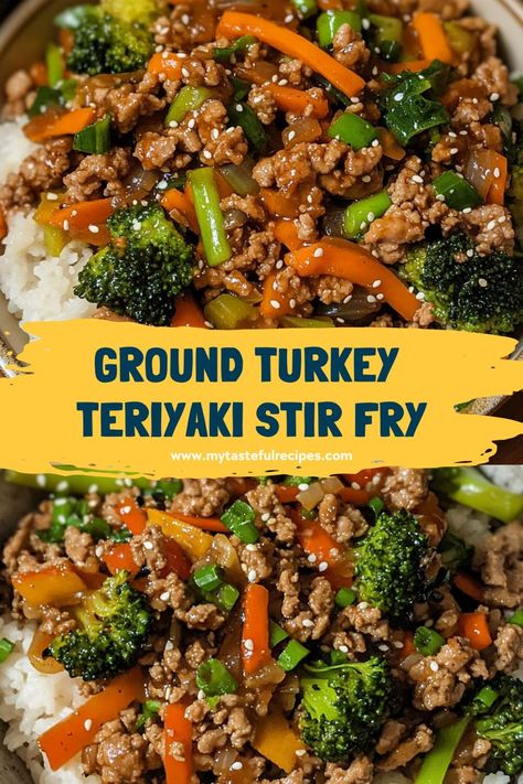 Whip up a savory meal in no time with this Ground Turkey Teriyaki Stir Fry! In just 30 minutes, you'll have a delightful mix of ground turkey, colorful veggies, and a rich teriyaki sauce that will leave everyone asking for seconds! Ground Turkey Teriyaki Stir Fry, Sesame Ground Turkey Bowls, Ground Turkey And Asparagus, Turkey Broccoli Stir Fry, Ground Turkey And Beef Recipes, Ground Turkey And Vegetables, Ground Turkey Teriyaki Rice Bowl, Ground Meat Stir Fry, Broccoli Ground Turkey Recipes