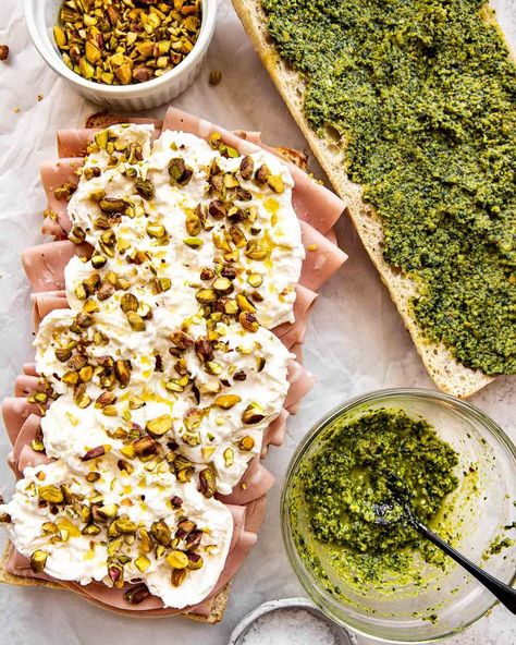 If I died and came back in my next life as a sandwich, for SURE this would be me: creamy burrata, melt-in-your-mouth mortadella, homemade pistachio pesto, and a really delicious ciabatta.  🏃🏻‍♀️ Run, don’t walk. FOR THE RECIPE✨comment “recipe please” below and I’ll send it your way!✨ → Ciabatta → Verrrry thinly sliced mortadella → Burrata (or straciatella if you can find it!) → Flaky sea salt → Extra virgin olive oil → Pistachios → Pistachio pesto https://www.wellseasonedstudio.com/burrata... Pistachio Pesto, Next Life, Food Inspo, Seasoning Recipes, Virgin Olive Oil, Extra Virgin, Butternut Squash, Pistachio, Sea Salt