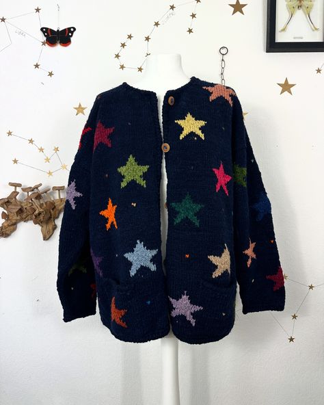 SOLD ✨⭐️ VINTAGE STAR CARDIGAN ⭐️✨ link in bio!!! 🧡 Celestial Knit Sweater, Star Sweater Knitting Pattern, Cutesy Style, Sophie Seddon, Star Cardigan, Vintage Knitwear, Style Goals, Rainbow Star, Star Sweater