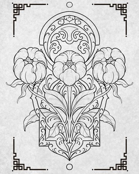 Peony Art Nouveau, Nouveau Flowers, Artnouveau Drawing, Ornate Tattoo Design, Art Deco Embroidery Pattern, Art Noveau Tattoos Women, Art Nuevo Tattoo, Art Deco Tattoos, Ornamental Floral Tattoo