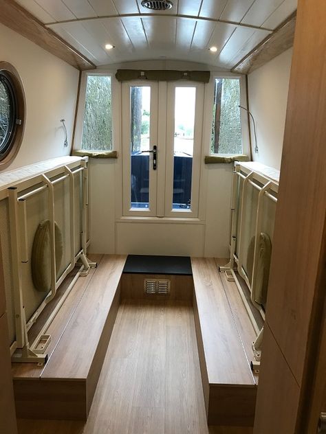 Ortomarine hybrid narrowboat Fold Up Bed, Canal Boat Interior, Rv Interior Design, Barge Boat, Fold Up Beds, Narrowboat Interiors, Fold Down Beds, Canal Barge, Boat Interior Design