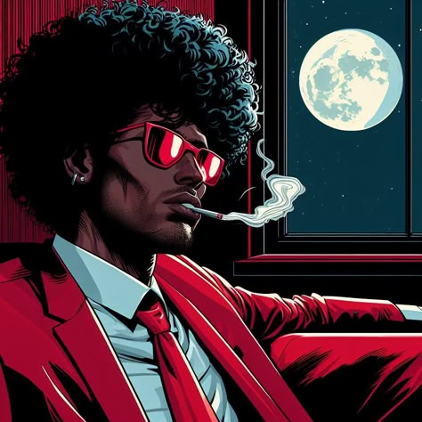 Pimp Character Design, Black Cartoon Art, Wall Portraits, Synthwave Art, Afrofuturism Art, Trill Art, Black Anime Guy, Black Guy, Dark Creatures