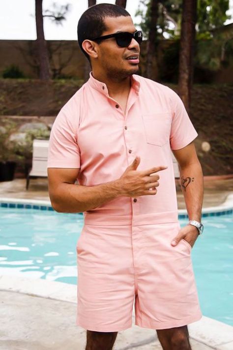 Peach Male Romper By Charlie Romper #romphim #maleromper Despite all the memes, a romphim remains one of the trendiest outfit options for men of late. It’s stylish yet convenient, which makes a mens romper a perfect choice for many occasions. With a pattern or plain, cotton or denim, professionally or DIY tailored, choose the male romper that resonates with you most. #menshaircuts #menshairstyles Male Romper, Resort Wear For Men, Beach Resort Wear, Romper Men, The Memes, Resort Wear Beach, Outfit Options, Romper Designs, Rompers Womens Jumpsuit