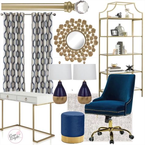 Bougie On A Bougette Designs on Instagram: “Happy Friday! Here’s my latest home office design using blue and gold.💙 http://liketk.it/35wuZ #liketkit @liketoknow.it…” Office Decor Navy And Gold, Navy And Gold Home Office, Blue And Gold Office Ideas, Blue And Gold Home Office, Blue And White Home Office, Blue And Gold Office, Navy And Gold Office, Administrator Office, Gold Office Chair