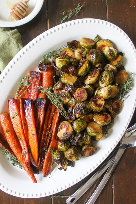 Roasted Carrots and Brussel Sprouts - Sungrown Kitchen Roasted Carrots And Brussel Sprouts, Carrots And Brussel Sprouts, November Meals, Carrots Roasted, Honey Balsamic Glaze, Paleo Sides, Christmas Meal, Holiday Side Dish, Honey Balsamic