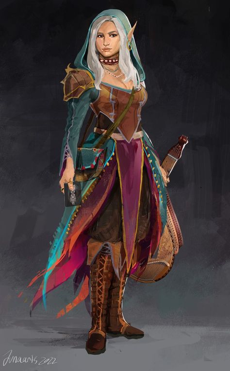 Erendis Vaire half Elf College of Spirits bard holding a tarroka deck and her fochlucan bandore and bag of holding. Ren's necklace is from a wereshark she helped and her boots are from a gator named 1,000 teeth whom she definitely didn't help. Art done by Juna Arts winter of 2022. Her look is inspired by the actress from the Mummy film. Erendis was played in a largely homebrewed DND campaign based in Saltmarsh. Dnd College Of Spirits Bard, Bard 5e Art, Dnd Dancer Bard, College Of Spirits Bard, College Of Swords Bard Female, Spirits Bard, The Mummy Film, Half Elf Bard, Adventuring Party