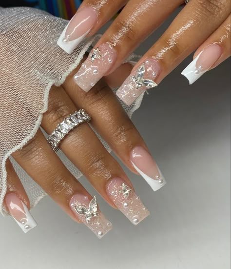 Nail Inspo Gemstone, French Tip Nails With Diamonds Bling, White Bedazzled Nails, Acrylic Nails With Pearls And Diamonds, Bridesmaid Nails Design, Prom Frenchies, White Glam Birthday Nails, Prom Nail Designs Acrylics, White Gender Reveal Nails