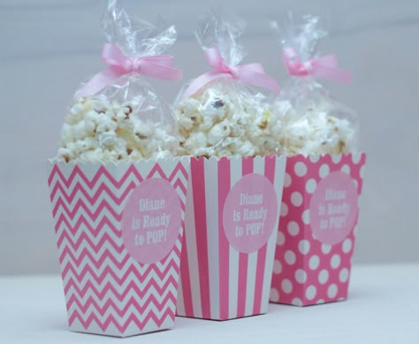 12 Custom Popcorn Box Favors - Personalized Labels - Baby Shower Favors - Ready to Pop - Pink Popcorn Boxes - Stripes - Dots - Chevrons Custom Popcorn Boxes, Popcorn Packaging, Pink Popcorn, 16th Birthday Decorations, Pop Baby Showers, Popcorn Boxes, Bridal Brunch Invitations, Popcorn Party, Banana Chips