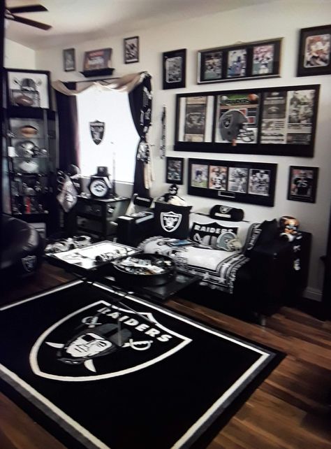 Raiders Man Cave Ideas, Raiders Diy Projects, Raiders Man Cave, Oakland Raiders Man Cave Ideas, Raiders Gifts, Football Man Cave, Raiders Tattoos, Man Cave Items, Apartment Decorating For Couples