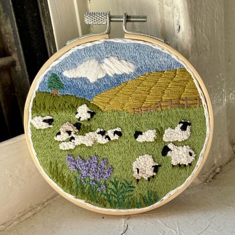 Embroidery Field Of Flowers, Field Embroidery, Embroidered Landscapes, Sheep Embroidery, Simple Hand Embroidery, Embroidery Landscape, Nature Embroidery, Landscape Embroidery, Unique Cross Stitch