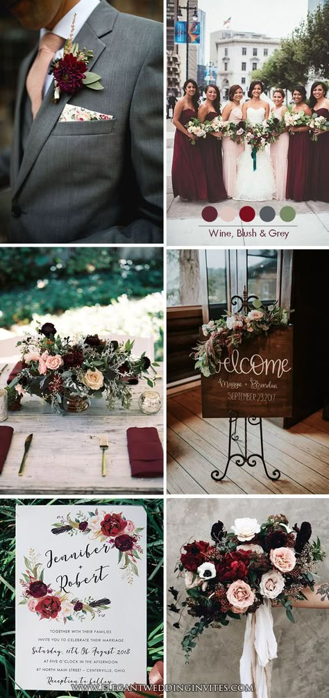 Moody Burgundy Wine,Blush and Dark Grey Classic Wedding Color Inspiration #ClassicWeddingIdeas #weddinginspiration Blush Bouquet Wedding, Burgundy And Blush Wedding, Red Wedding Theme, Boda Diy, Winter Wedding Colors, Wedding Color Inspiration, Fall Wedding Colors, Burgundy Wine, Burgundy Wedding