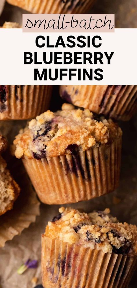 Soft, buttery small batch blueberry muffins are topped with sweet crumbly streusel for a delicious breakfast or mid-day treat! These homemade muffins have bursts of juicy blueberries in every bite and are sure to taste absolutely heavenly. This recipe makes 6 muffins topped with streusel. Small Batch Blueberry Muffins, Muffins With Cream Cheese Filling, Blueberry Crumble Muffins, Muffins With Cream Cheese, Blueberry Cream Cheese Muffins, Bakery Style Blueberry Muffins, Buttermilk Muffins, Crumble Muffins, Cream Cheese Muffins