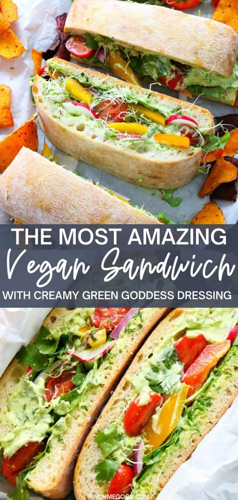 Signature Sandwiches, Vegetarian Sandwich Recipes, Vegan Sandwich Recipes, Goddess Dressing, Green Goddess Dressing, Vegan Lunch Recipes, Vegetarian Sandwich, Vegan Lunches, Vegan Burgers