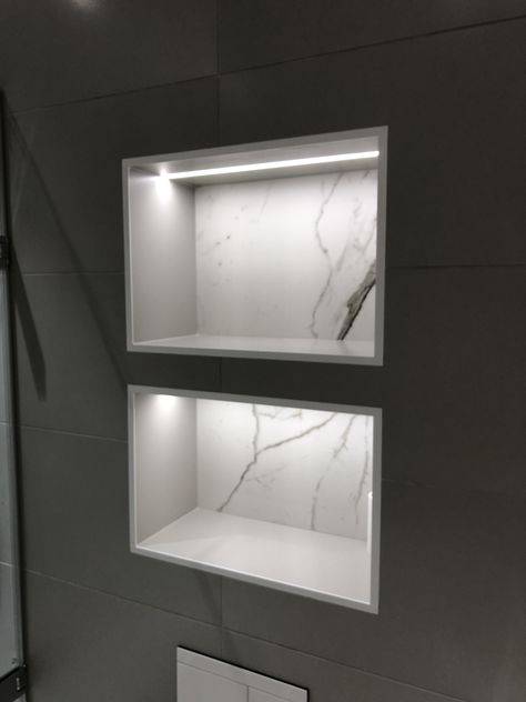 Recessed bathroom shelf marble tile recessed led strip Bathroom Wall Nish, Bathroom Nish Ideas, Recessed Shelves Above Toilet, Recessed Lighting Shelves, Bathroom Tile Shelves, Bathroom Niches Above Toilet, Bathroom Niches Above Tub, Bath With Recessed Shelf, Recess Shelf Bathroom