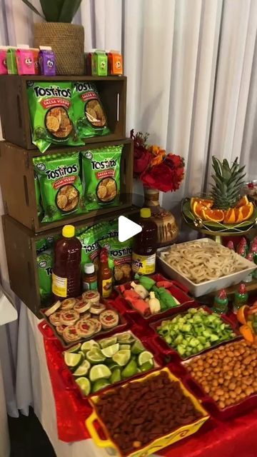 Tostilocos Table Party Ideas, Antojitos Table, Mesas De Snack Ideas, Candy Buffet Ideas Birthday, Mexican Candy Table Ideas, Mexican Fruit Table Ideas, Mexican Snack Bar, Mexican Treat Table, Mexican Party Ideas