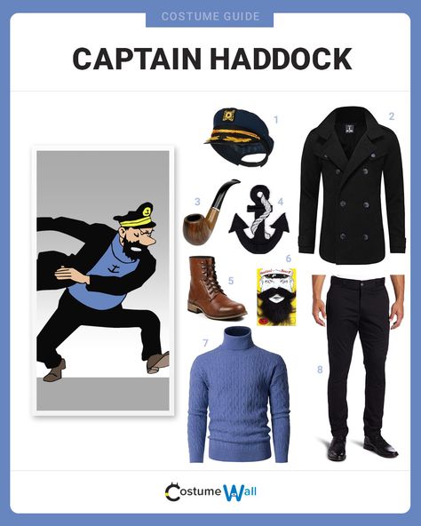 The best costume guide for dressing up like Captain Haddock, the boat captain, and alcoholic that befriended Tintin in the comic series. Captain Haddock Costume, Tintin Costume, Captain Haddock, Beach Costume, Captain Costume, Got Costumes, Children's Book Characters, Costume Guide, Best Costume