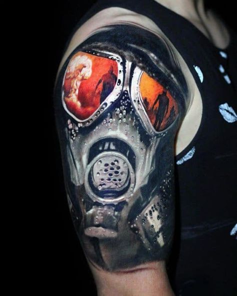 Apocalypse Tattoo, Underboob Tattoos, Montreal Tattoo, Gas Mask Tattoo, Cloud Tattoo Design, Tatoo 3d, Cool Half Sleeve Tattoos, Anubis Tattoo, Gas Masks