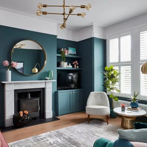 Feng Shui Bagua Colors: 5 Focus Areas for a Balanced Home - Holistic Home Teal Walls Living Room, Dark Teal Living Room, Teal Living Rooms, Feature Wall Living Room, Teal Walls, Cosy Living Room, Transitional Living, Transitional Living Rooms, Blue Living Room