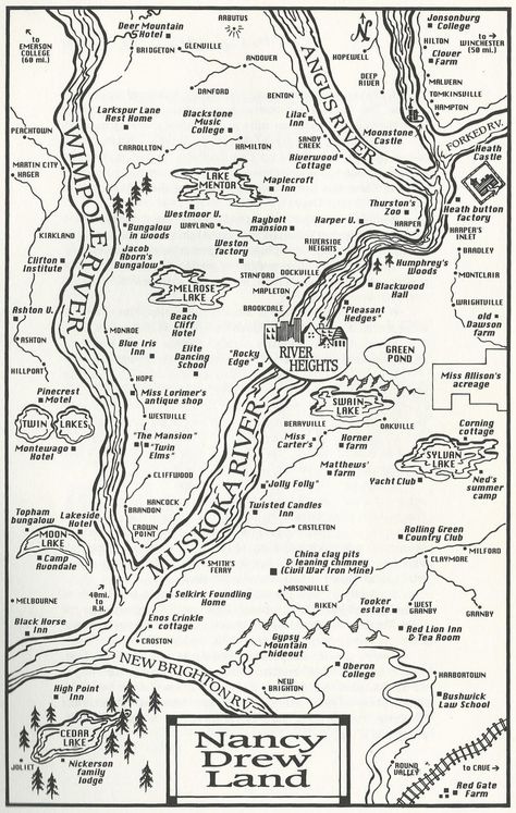 Nancy Drew land... map of places Nancy Drew Party, Nancy Drew Style, Nancy Drew Games, Nancy Drew Mystery Stories, Nancy Drew Books, Imaginary Maps, Mystery Stories, Hardy Boys, Friend Book