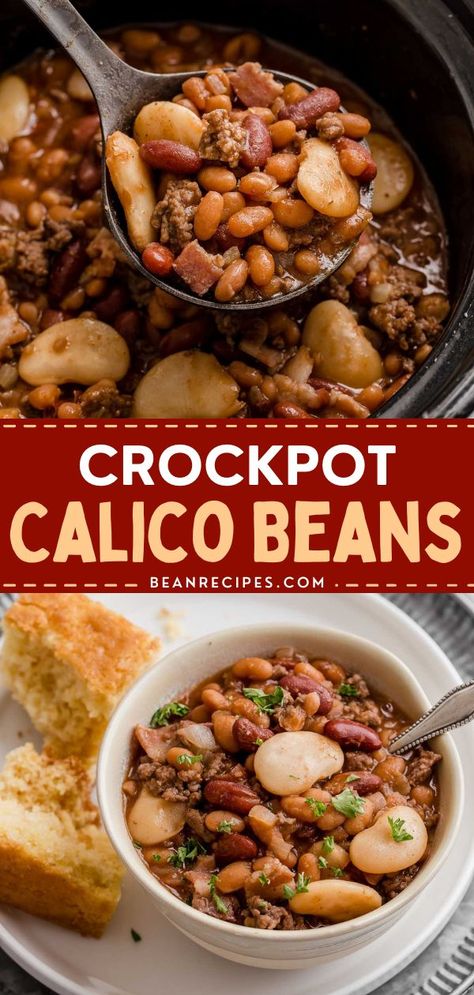 Calico beans in the slow cooker will be your go to baked bean recipe! It is a mix of 3 different beans baked with ground beef and bacon. This crockpot bean recipe is perfect for potlucks and is so easy to make! Save this pin! Crockpot Bean Casserole, Beans And Meat In Crockpot, Bean Hamburger Recipes, Party Beans Crock Pot, Yummy Beans Recipe, Cosmic Beans Recipe, Crockpot Calico Beans Recipe, Crock Pot Calico Beans, Crock Pot Beans With Bacon